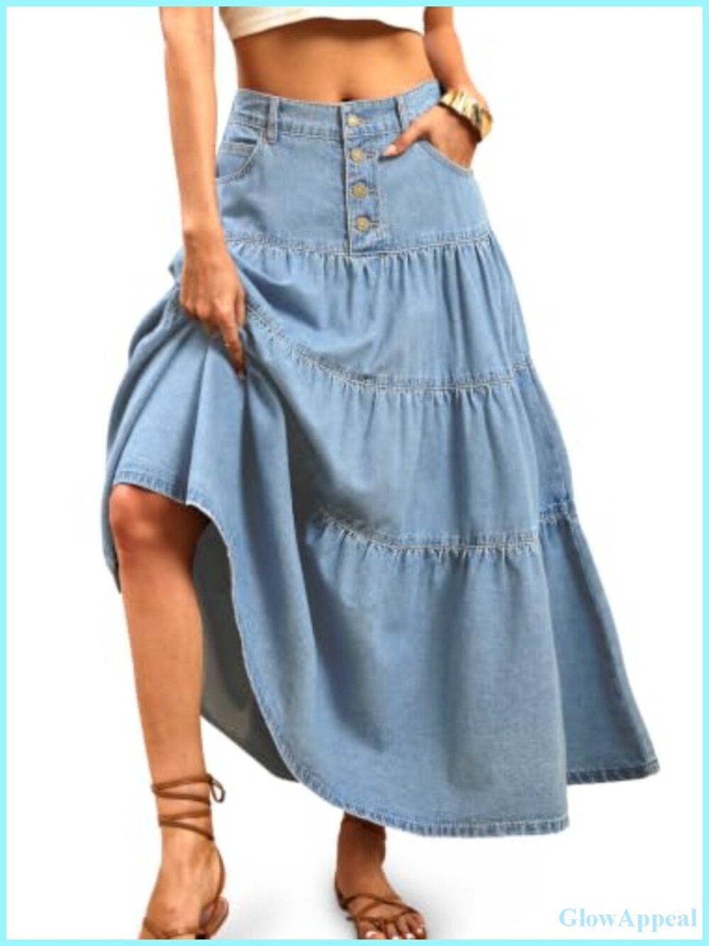 Flowy Tiered A-Line Denim Maxi Skirt High Waisted Button Front